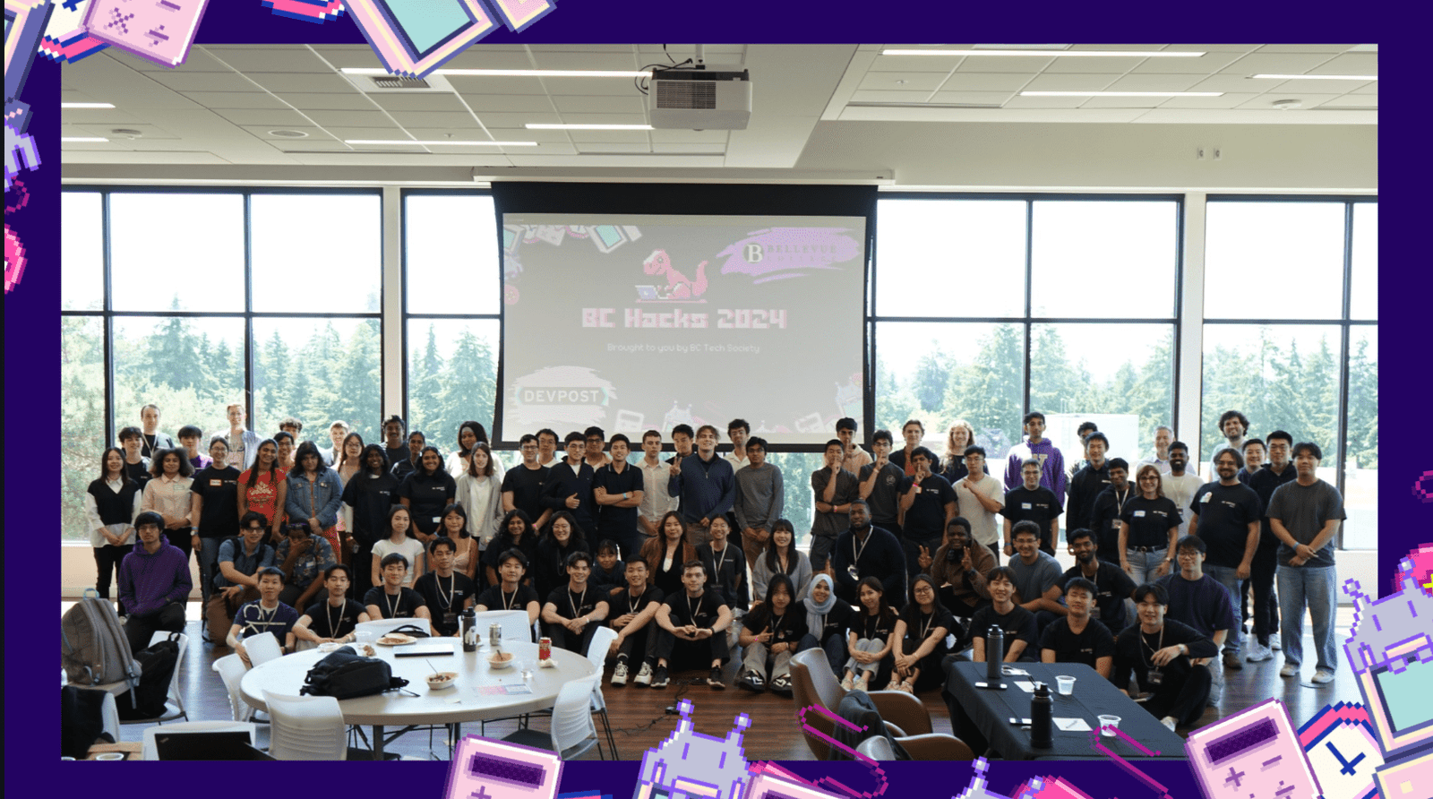 Group photo from BC Hacks 2024 hackathon lecture at Bellevue College with Korean exchange students
