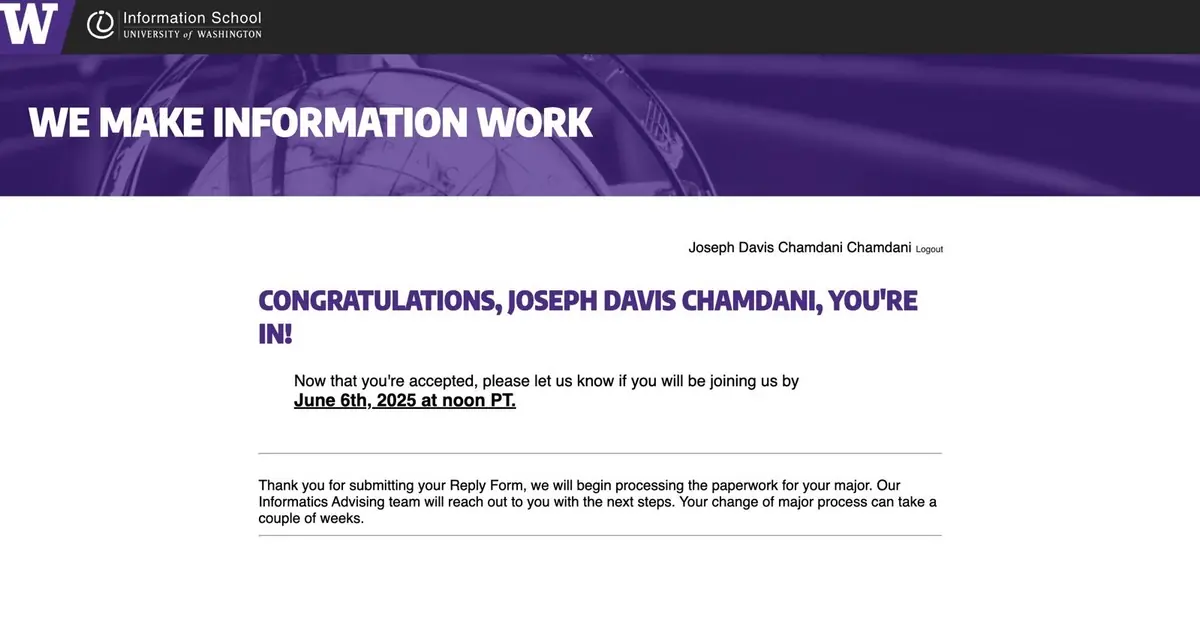 UW Informatics acceptance letter