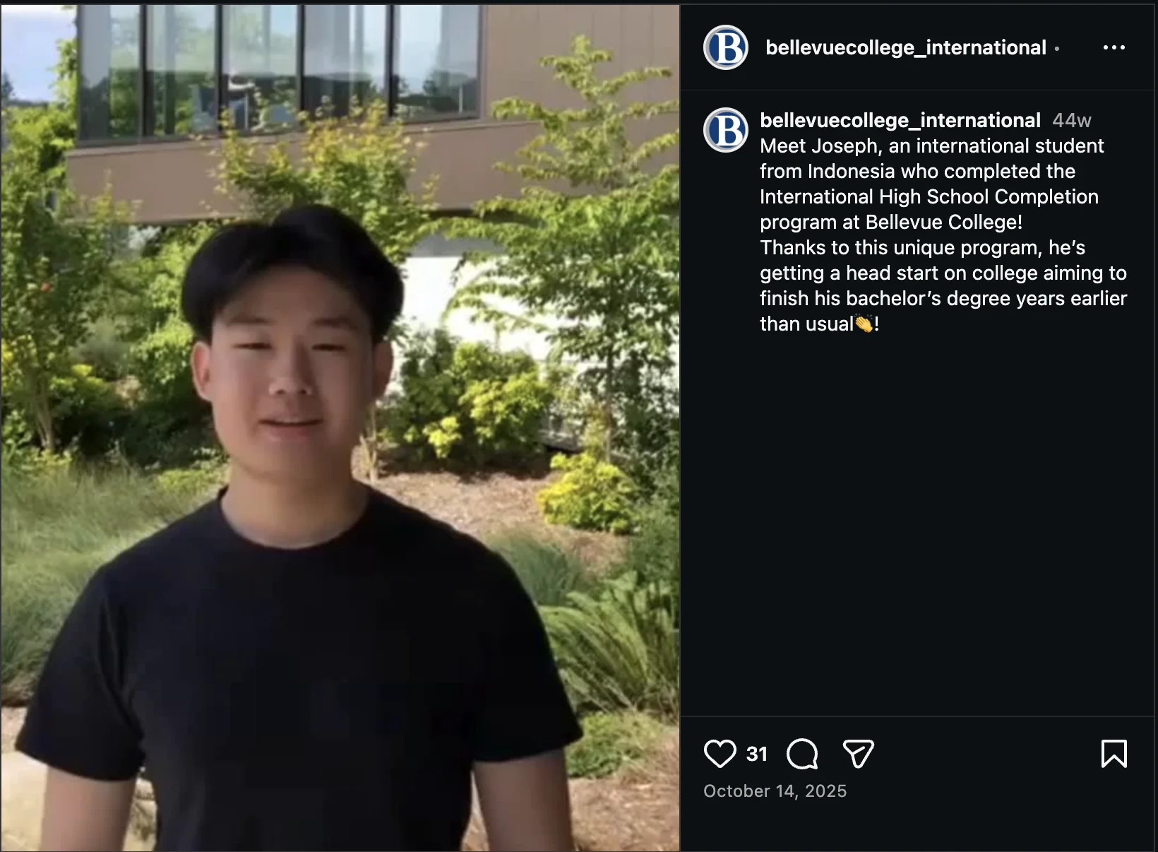 Bellevue College International Instagram feature about Joseph Chamdani completing the International High School Completion program
