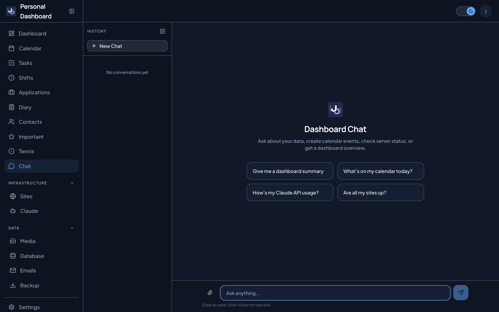 Dashboard Chat page in dark mode with suggested prompts for a dashboard summary, today's calendar, Claude API usage and site status