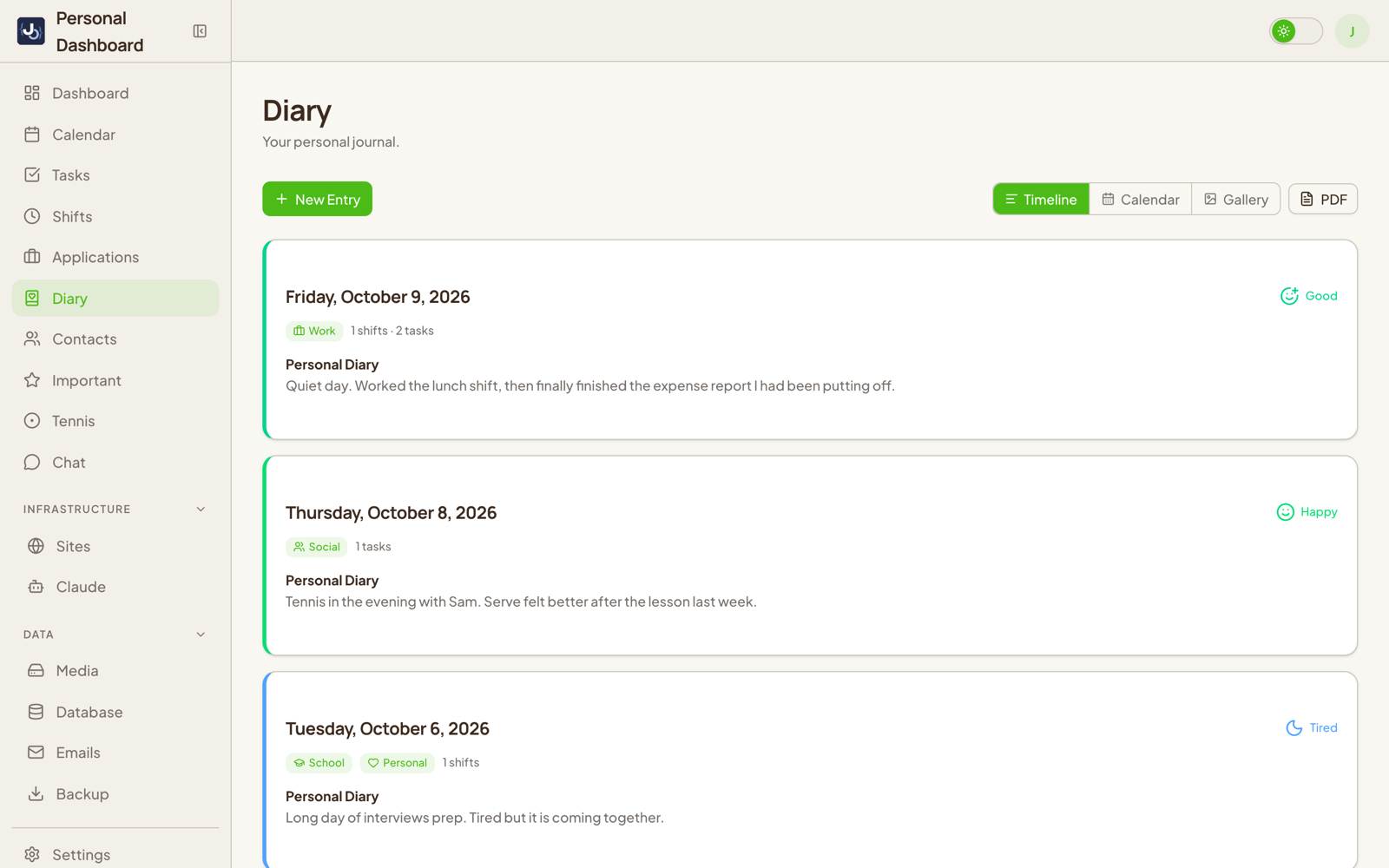 Diary timeline in light mode with daily entries showing mood, tags and the number of shifts and tasks from that day