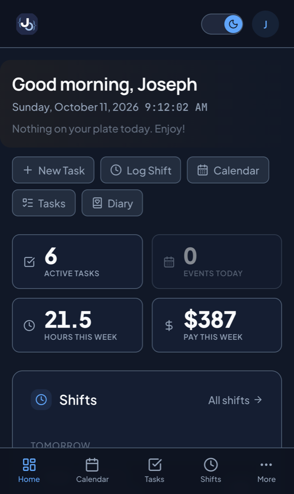 Dashboard home screen on an iPhone in dark mode with today's shift, tasks and pay this week