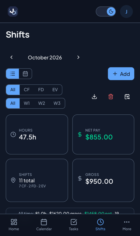 Shifts page on an iPhone in dark mode with hours, net pay, gross pay and a bottom tab bar