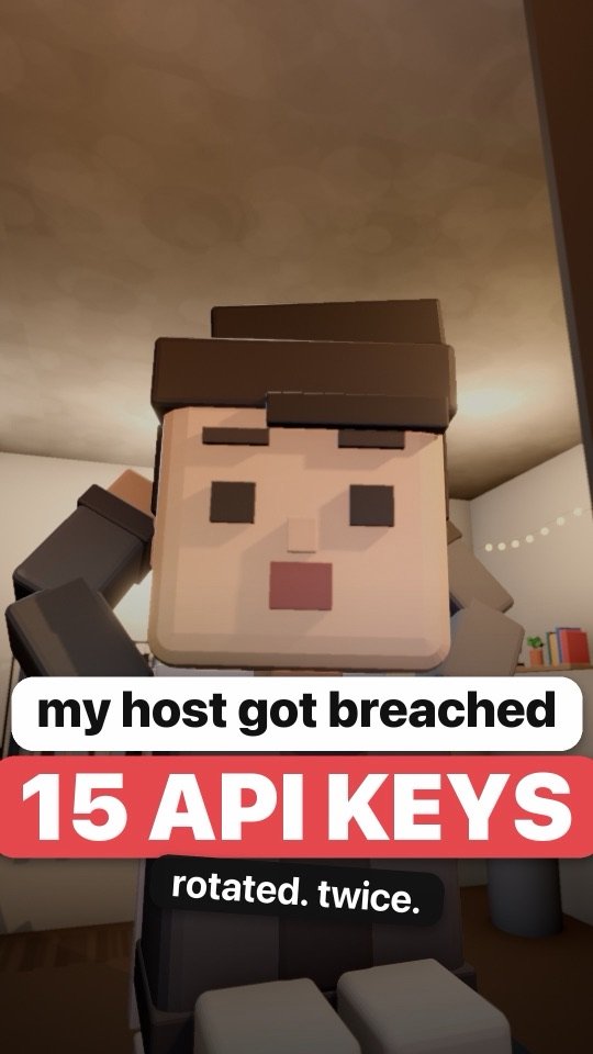 Ep 2 cover: voxel Joe from the front with both hands on his head, over the caption my host got breached, 15 API keys