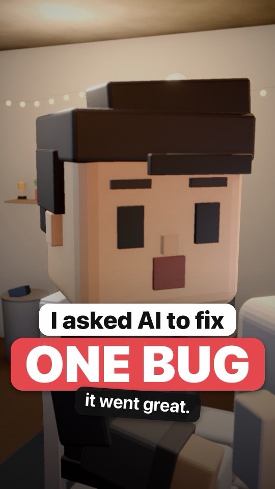 Ep 3 cover: a worried voxel Joe over the caption I asked AI to fix one bug