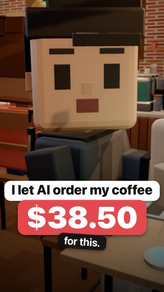 Ep 4 cover: a shocked voxel Joe in a coffee shop over the caption I let AI order my coffee, $38.50 for this