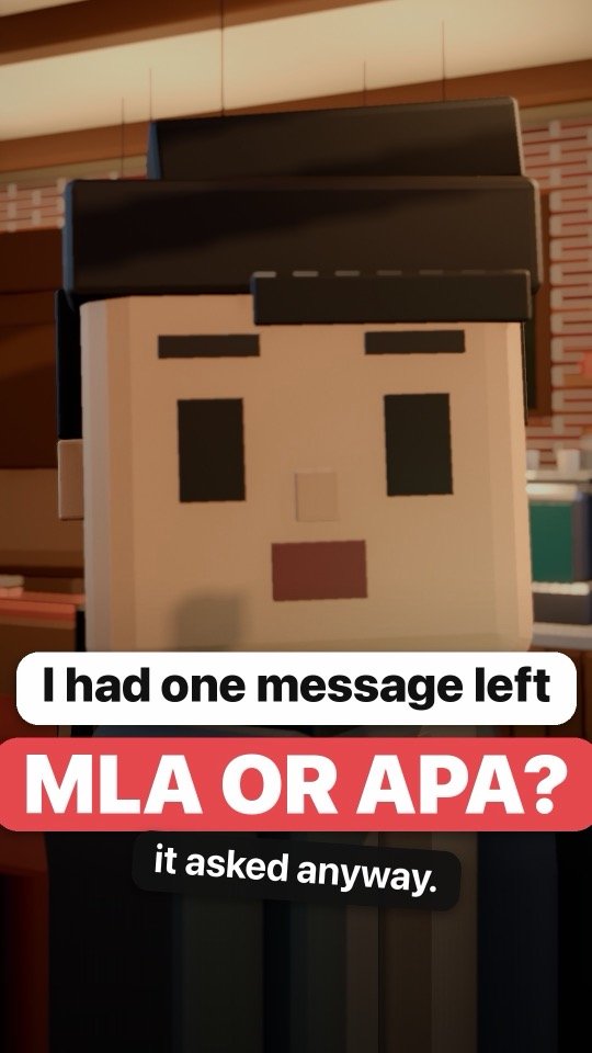 Ep 5 cover: a stunned voxel Joe in a coffee shop over the caption I had one message left, MLA or APA, it asked anyway