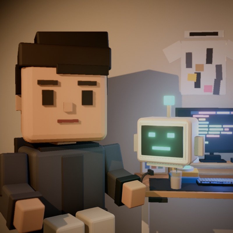 Voxel Joe in a dark hoodie next to his AI sidekick, a small robot with a screen face, at a desk with a code monitor