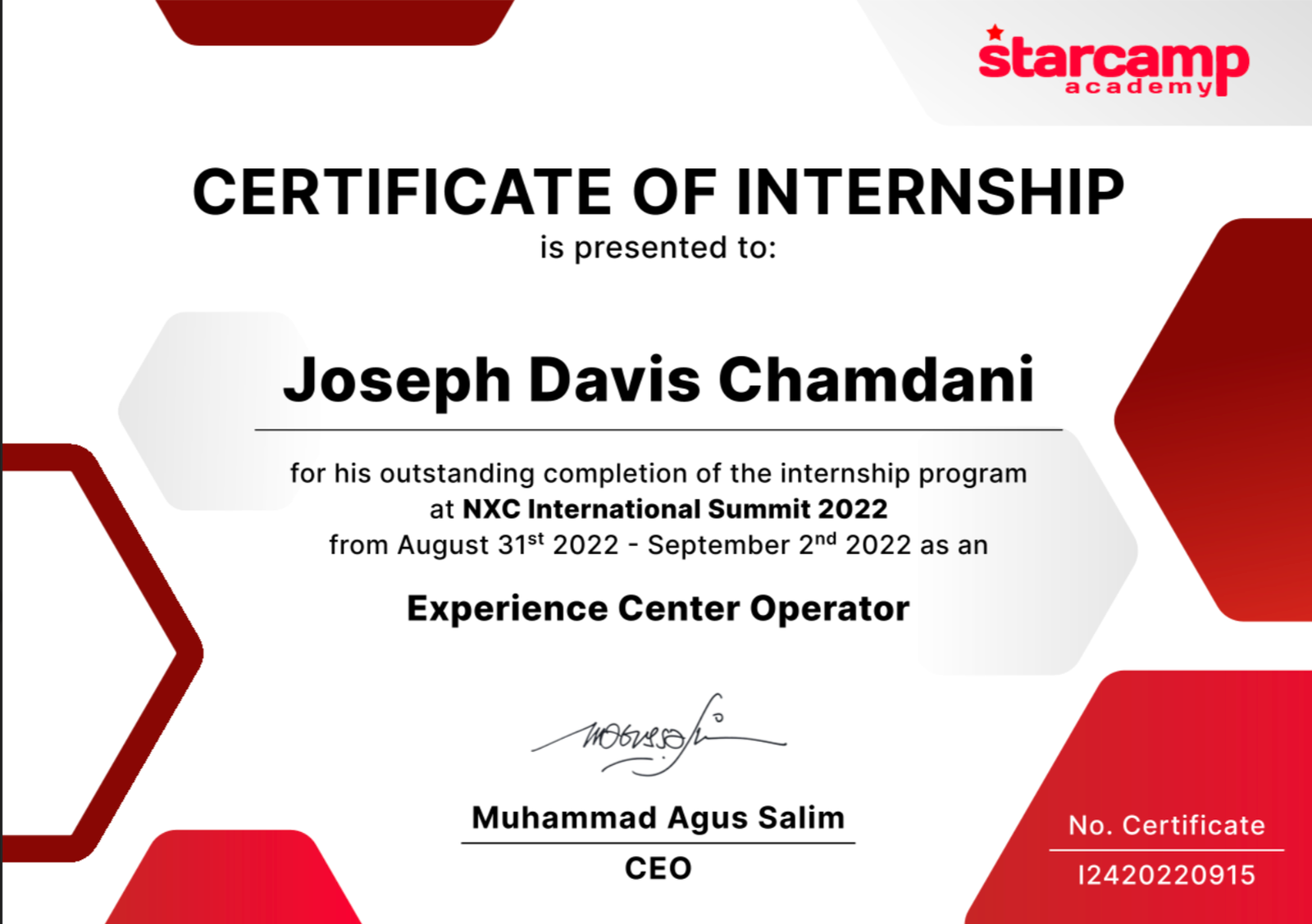 StarCamp Asia Experience Center Operator internship certificate, Bali, 2022 — StarCamp Asia