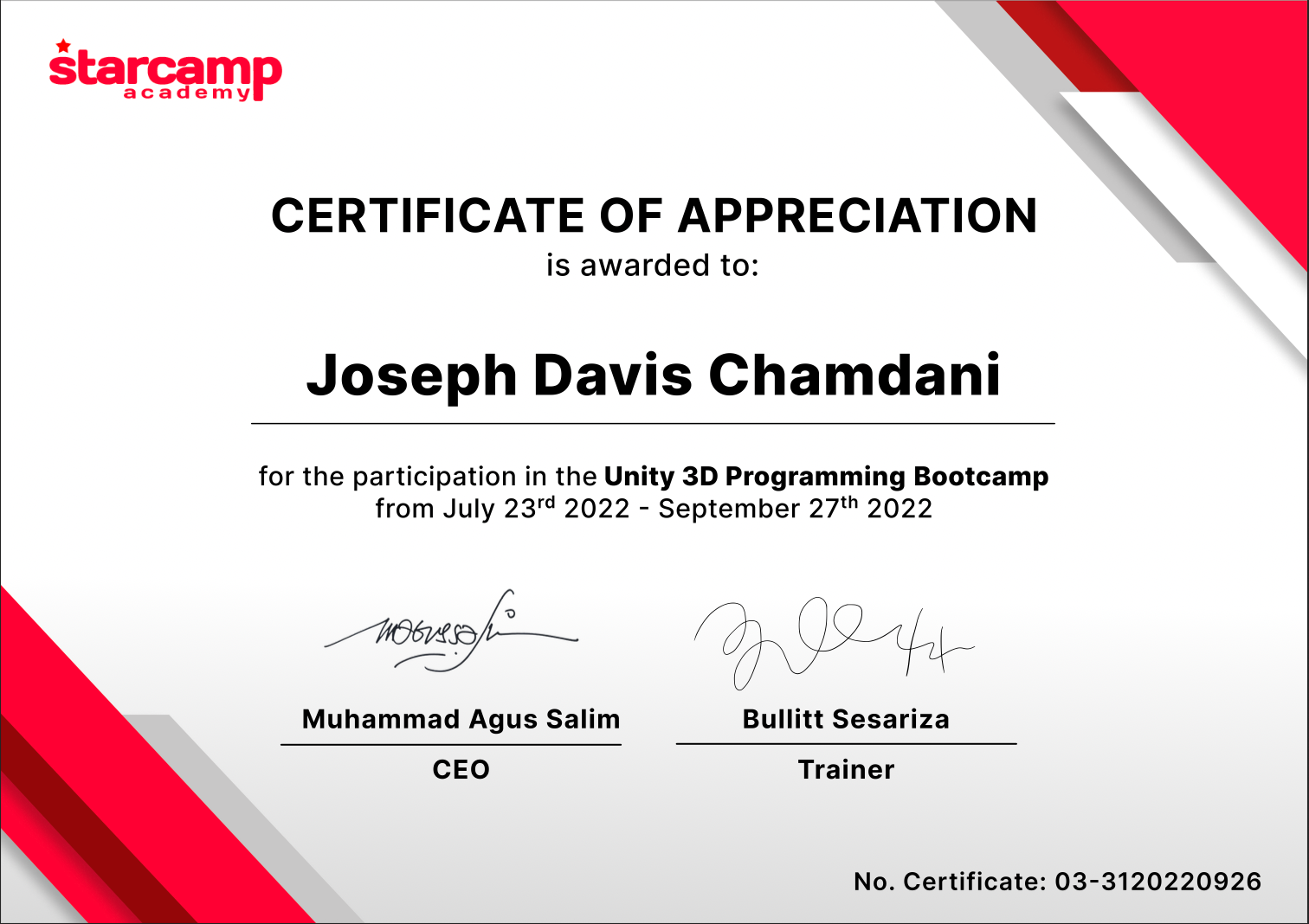 Unity 3D Programming — StarCamp Asia certificate