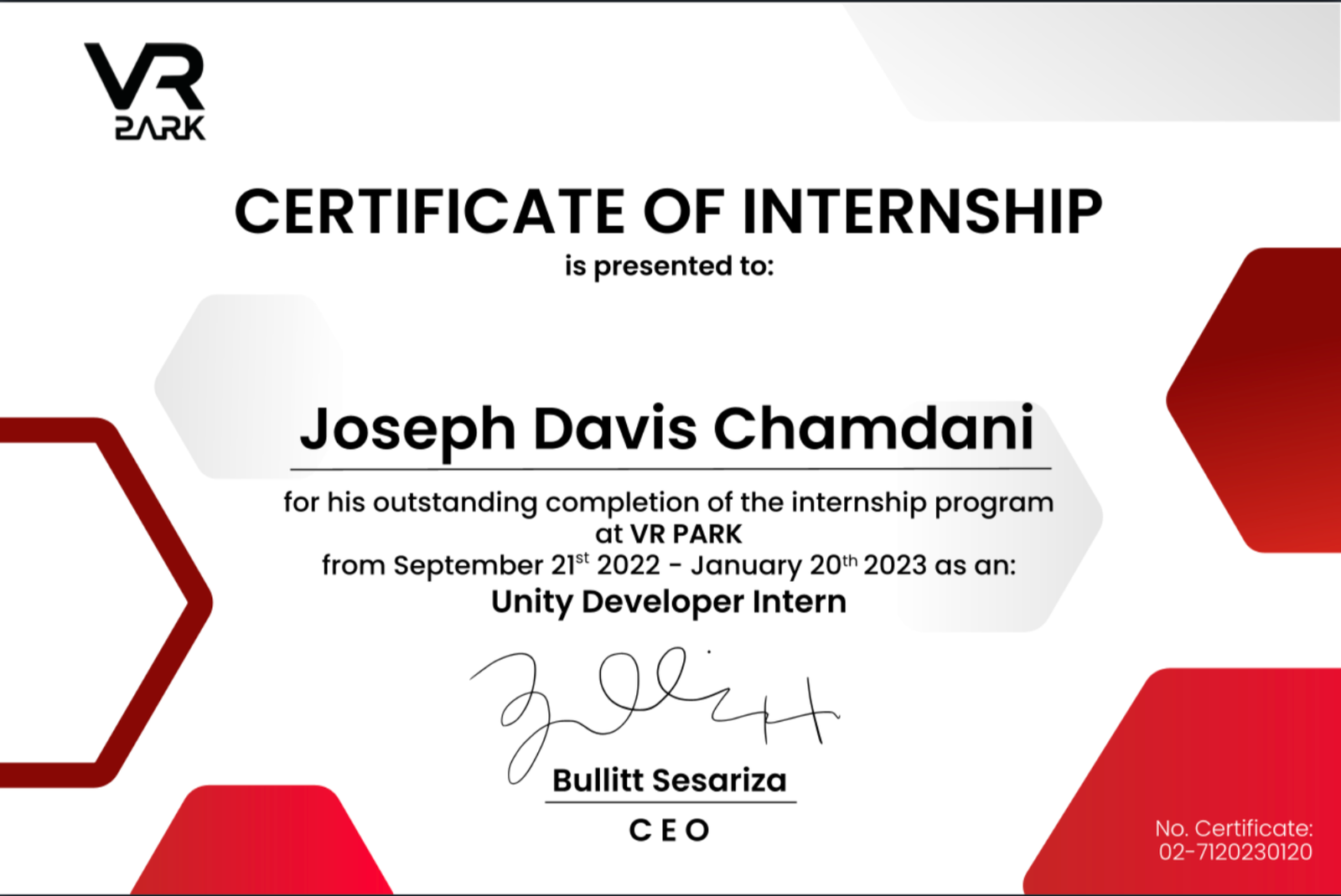 VR Park Game Developer internship certificate, Jakarta, 2023 — VR Park